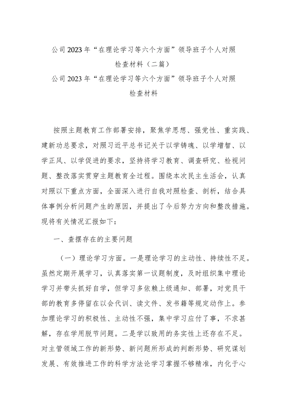 公司2023年“在理论学习等六个方面”领导班子个人对照检查材料(二篇).docx_第1页