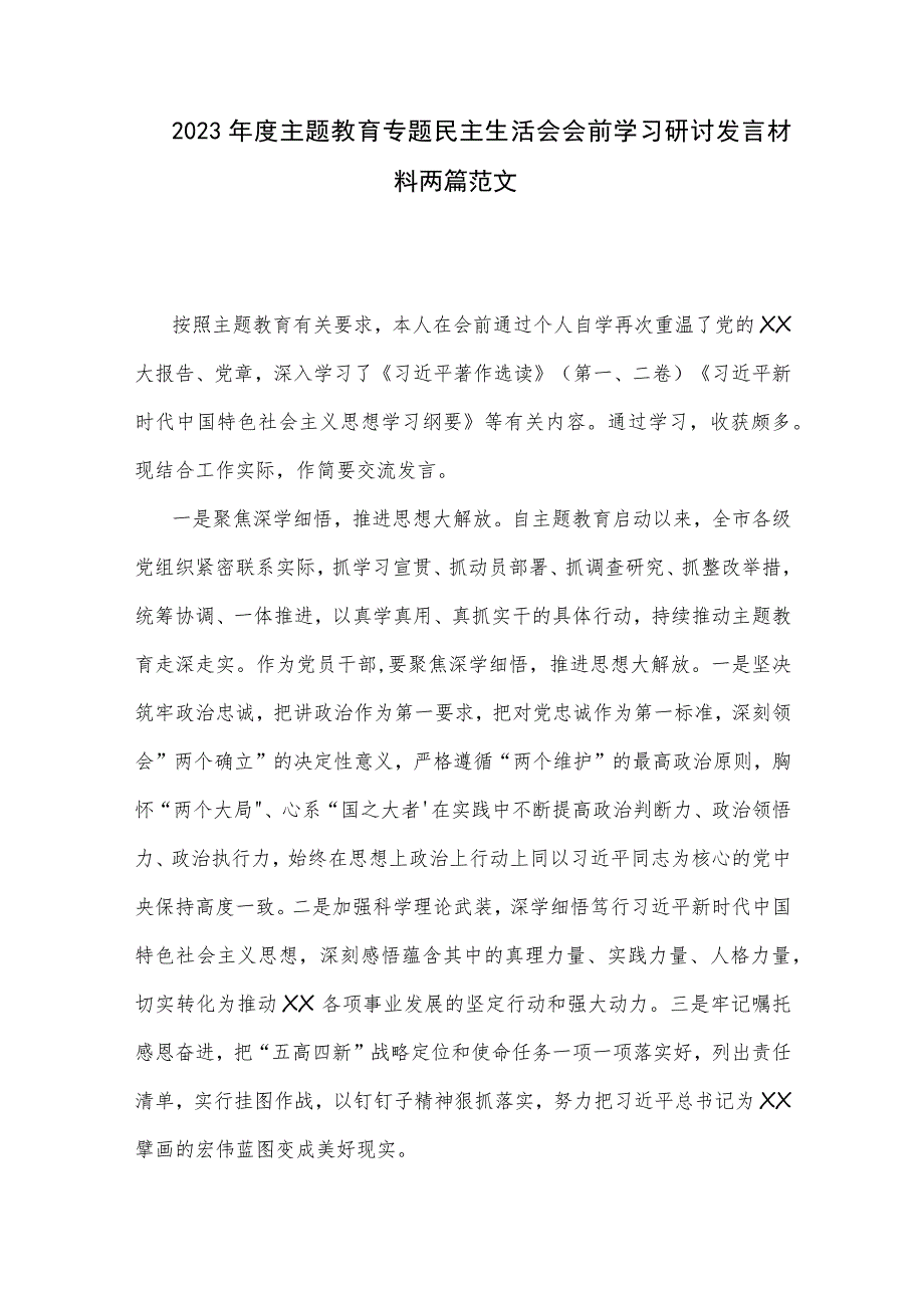 2023年度主题教育专题民主生活会会前学习研讨发言材料两篇范文.docx_第1页