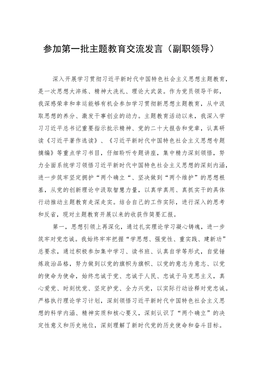 参加第一批主题教育交流发言(副职领导).docx_第1页