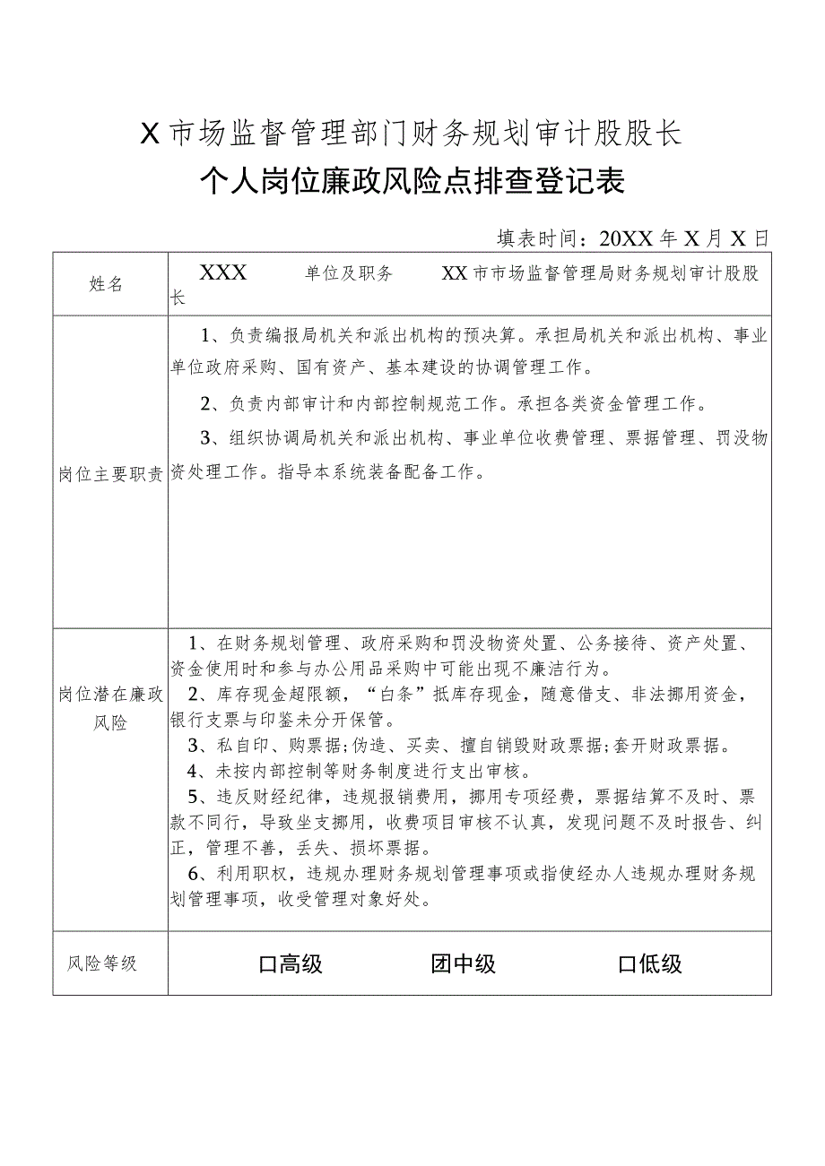 X县市场监督管理部门财务规划审计股股长个人岗位廉政风险点排查登记表.docx_第1页