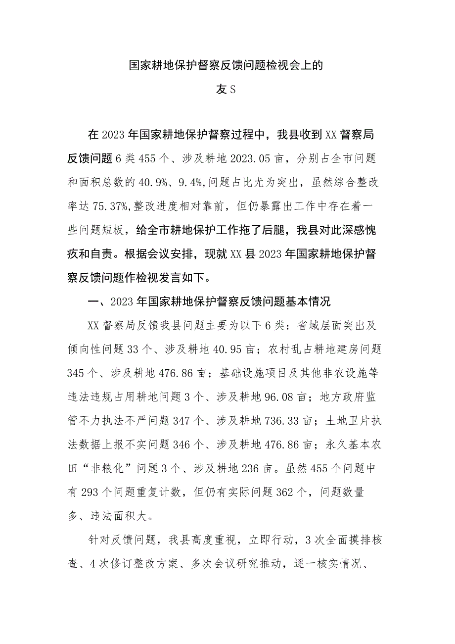 国家耕地保护督察反馈问题检视会上的发言.docx_第1页