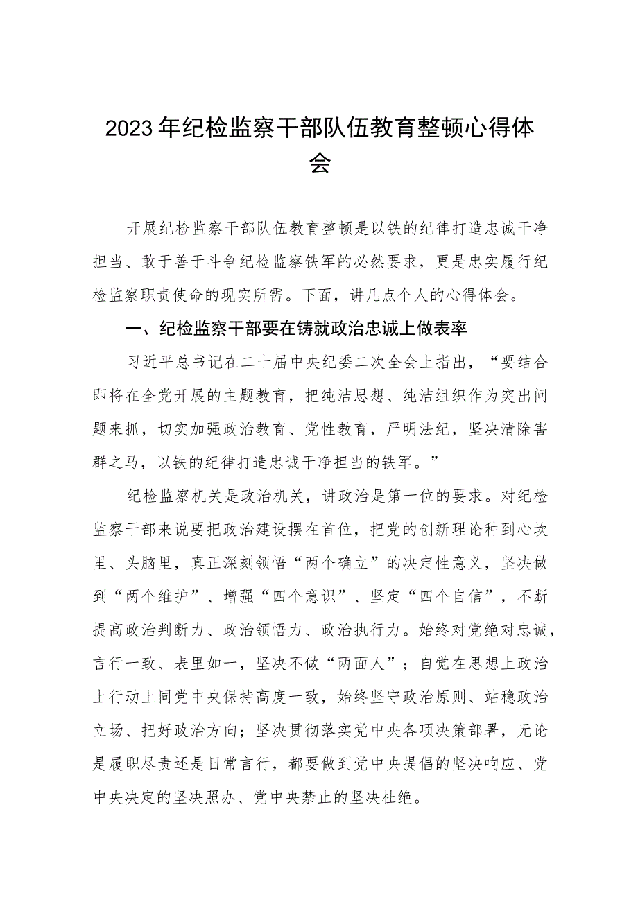 2023年纪检监察干部队伍教育整顿心得体会最新范5篇.docx_第1页