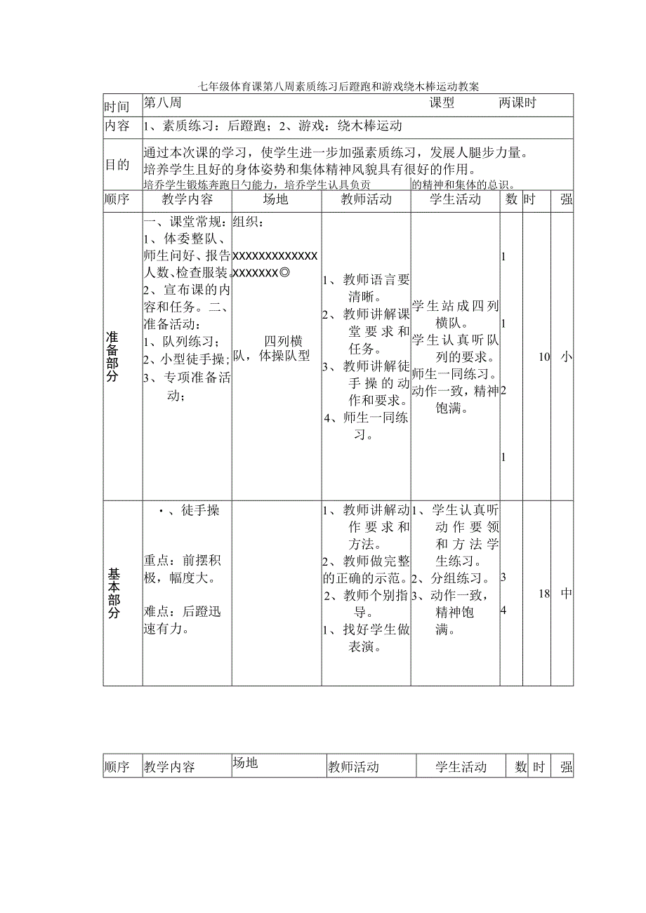 七年级体育课第八周素质练习后蹬跑和游戏绕木棒运动教案.docx_第1页