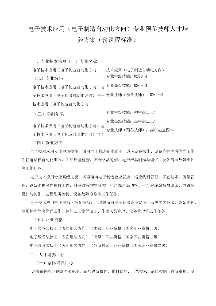 电子技术应用（电子制造自动化方向）专业预备技师人才培养方案（含课程标准）.docx_第1页