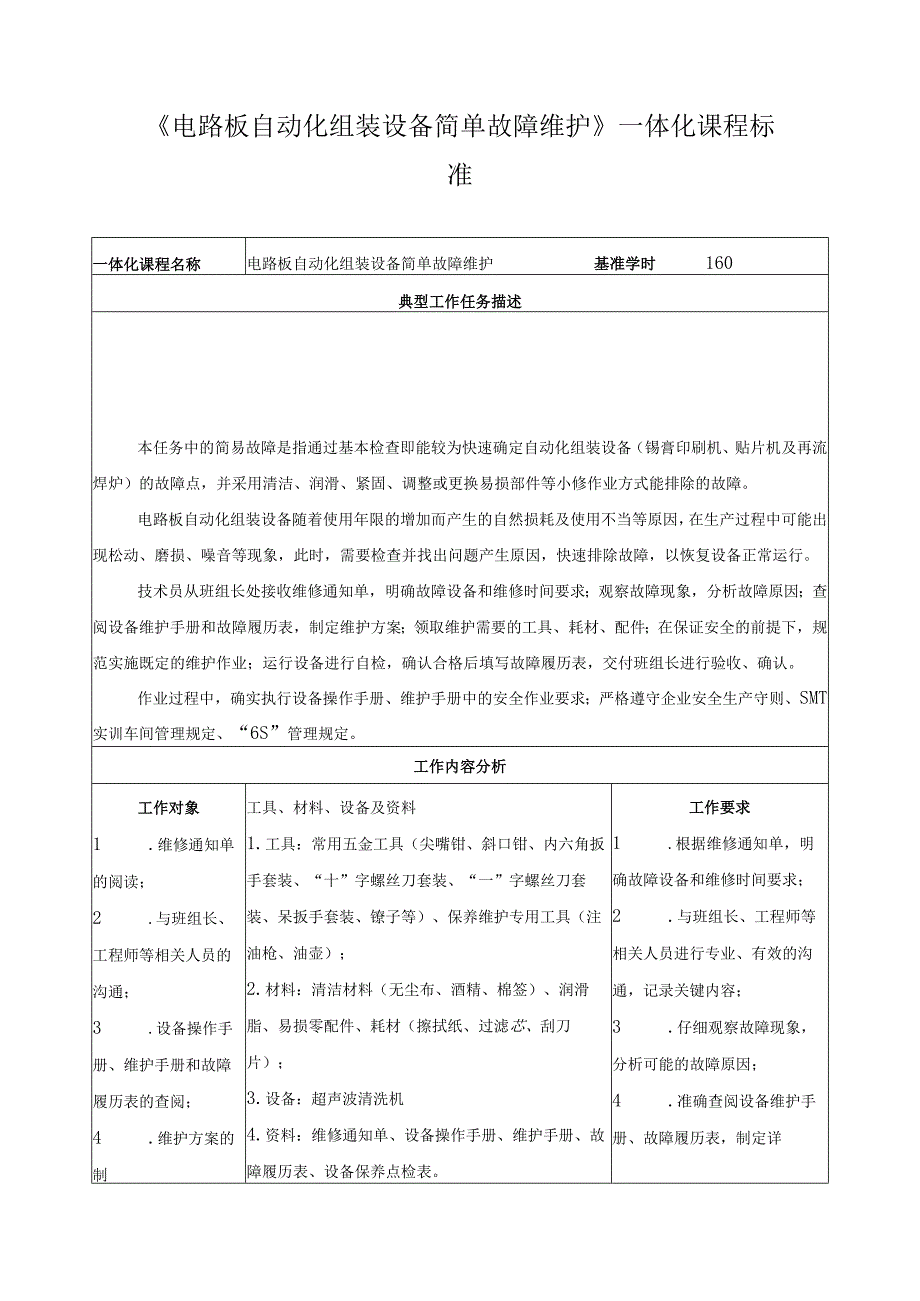 《电路板自动化组装设备简单故障维护》一体化课程标准.docx_第1页