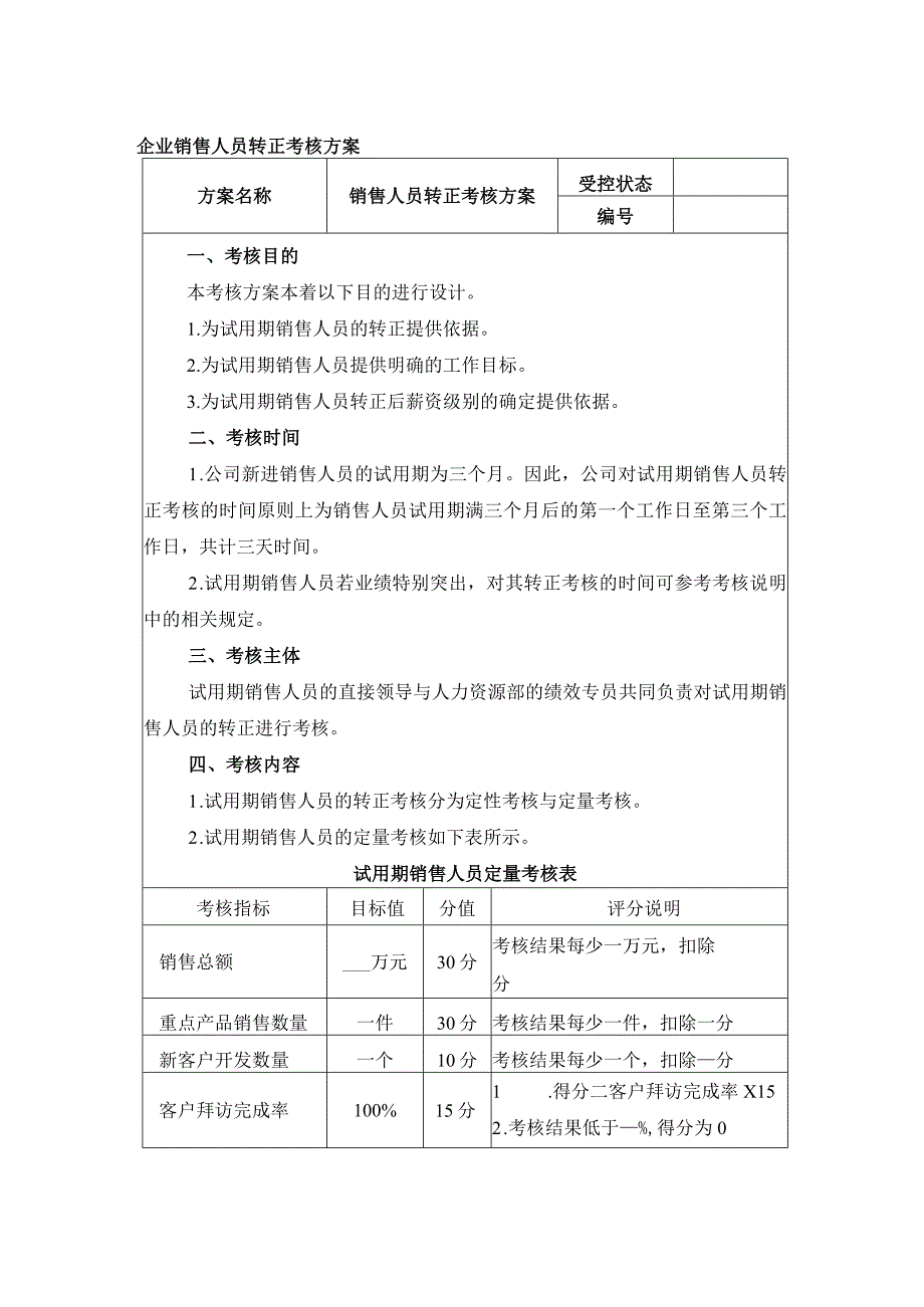 企业销售人员转正考核方案.docx_第1页