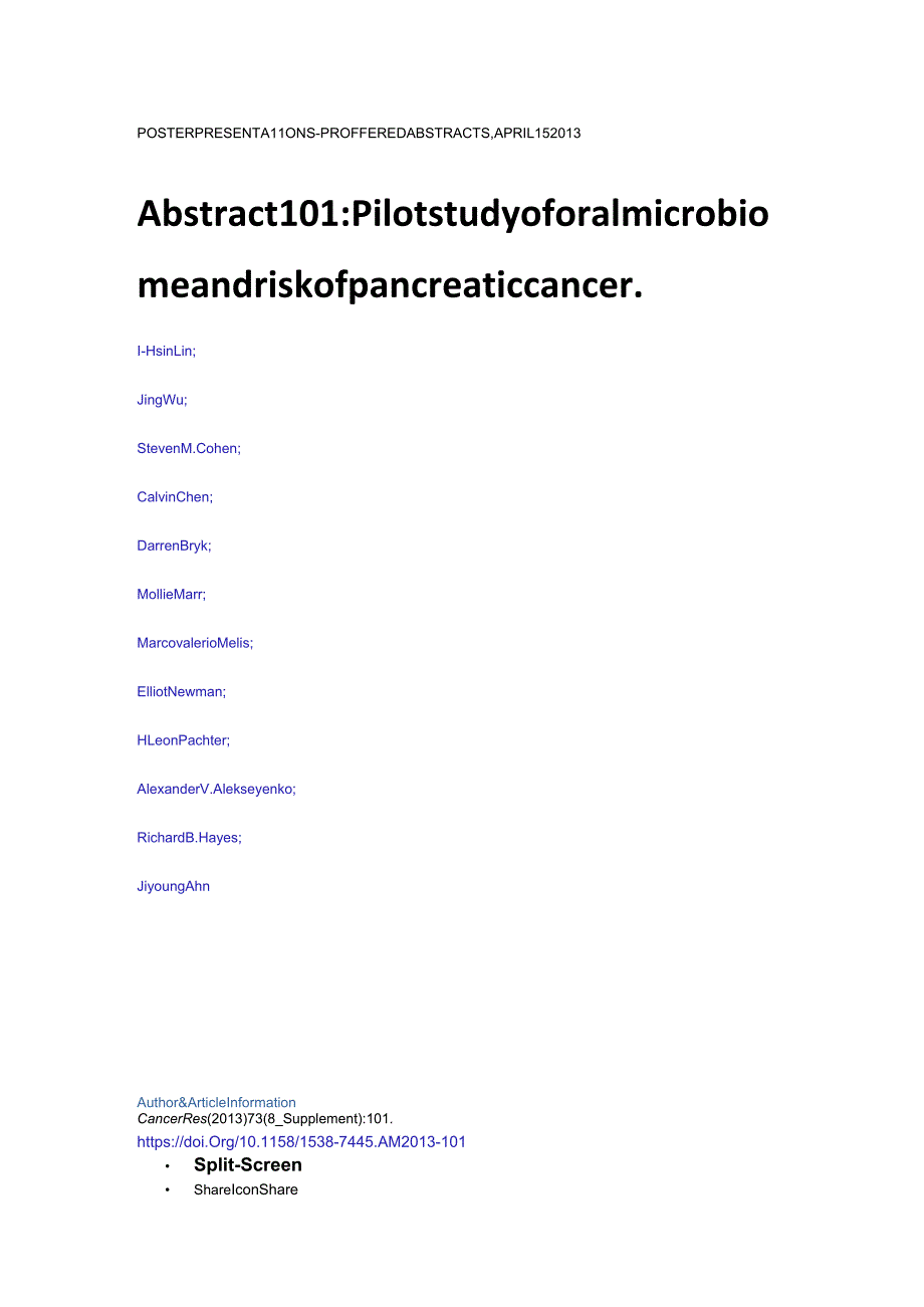 Abstract 101 Pilot study of oral microbiome and risk of pancreatic cancer.docx_第1页