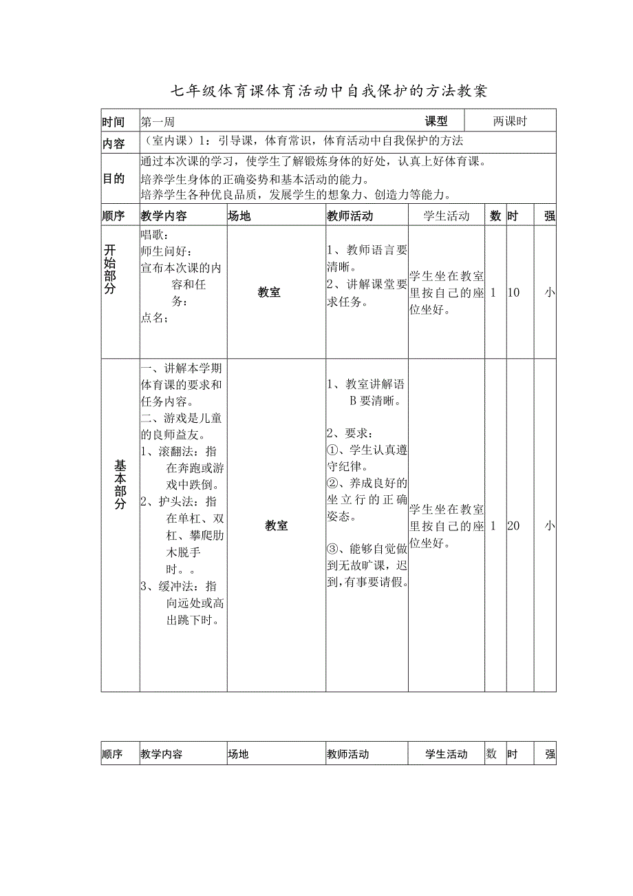 七年级体育课体育活动中自我保护的方法教案.docx_第1页