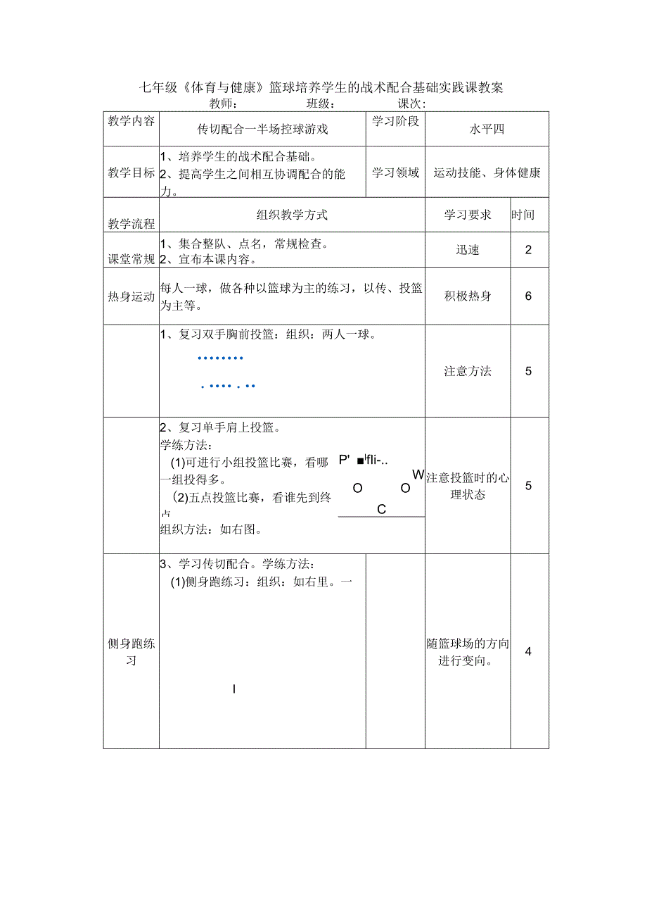 七年级《体育与健康》篮球培养学生的战术配合基础实践课教案.docx_第1页