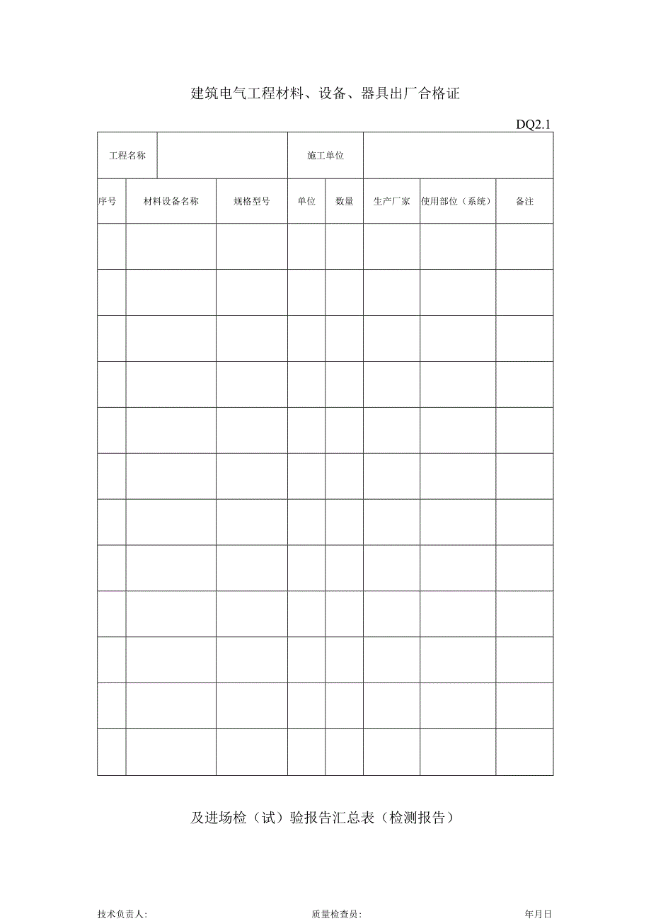 DQ2.1 工程材料、设备、成品、半成品出厂合格证（检测报告）及进场检（试）验报告汇总表.docx_第1页