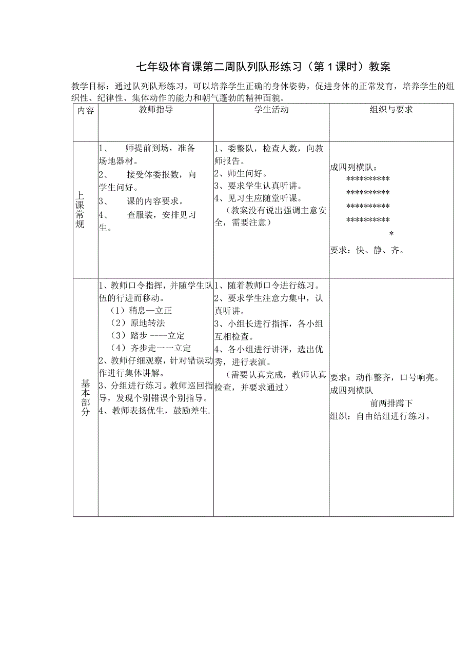 七年级体育课第二周队列队形练习（第1课时）教案.docx_第1页