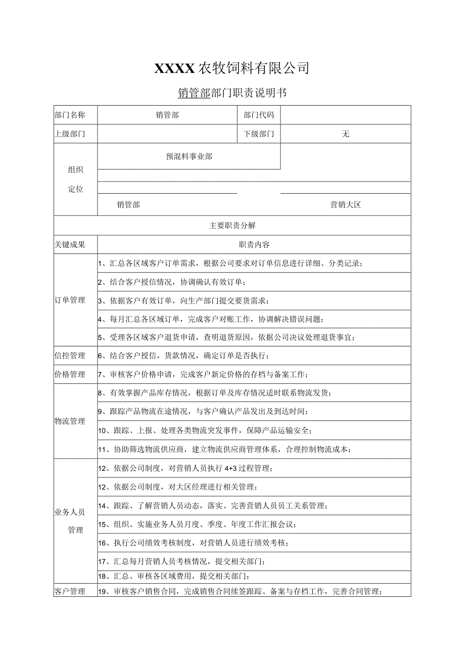 销管部部门职责（饲料行业）.docx_第1页