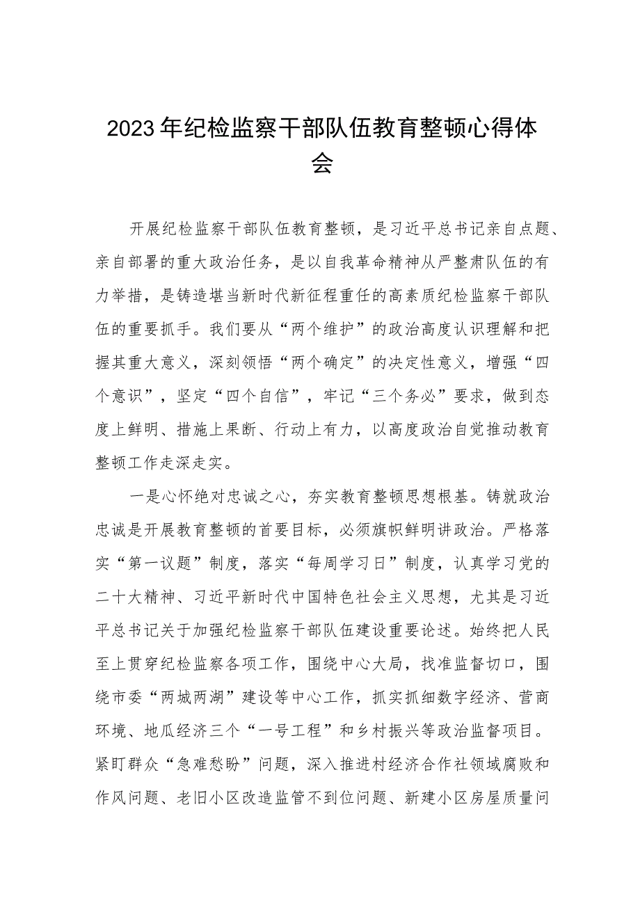 (五篇)2023纪检监察干部队伍教育整顿心得体会发言稿.docx_第1页