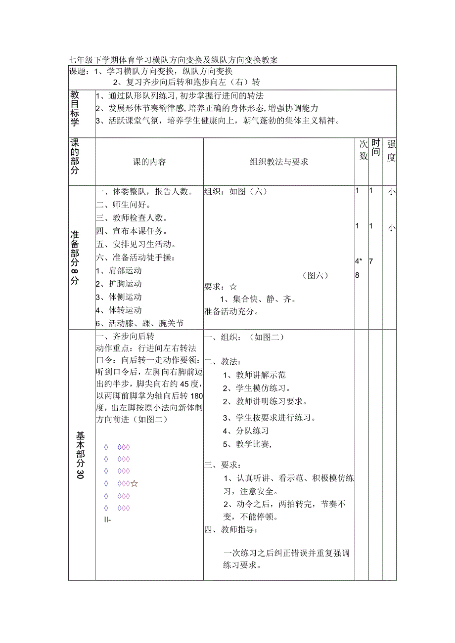 七年级下学期体育学习横队方向变换及纵队方向变换教案.docx_第1页