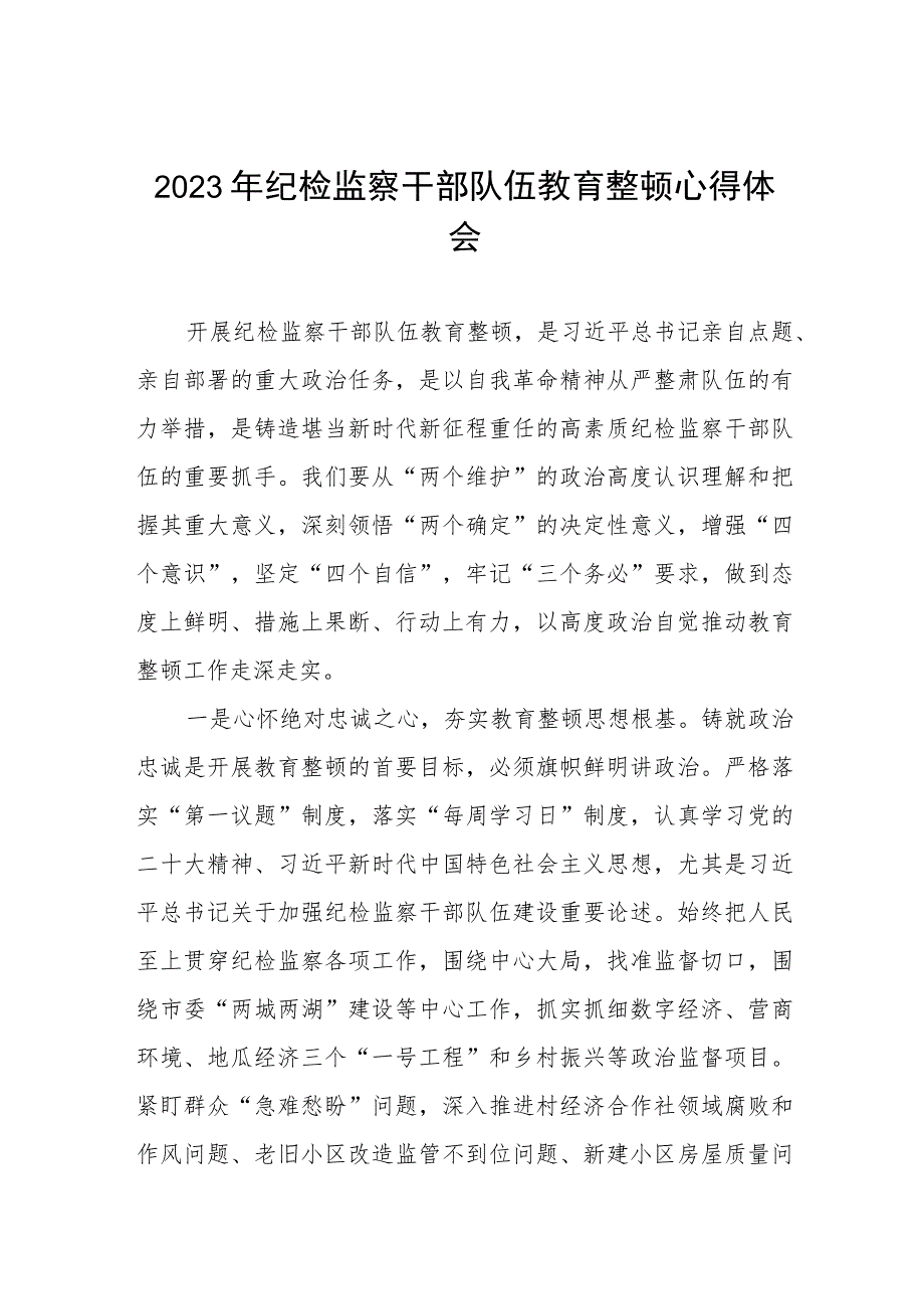 2023年全国纪检监察干部队伍教育整顿心得体会发言材料8篇.docx_第1页