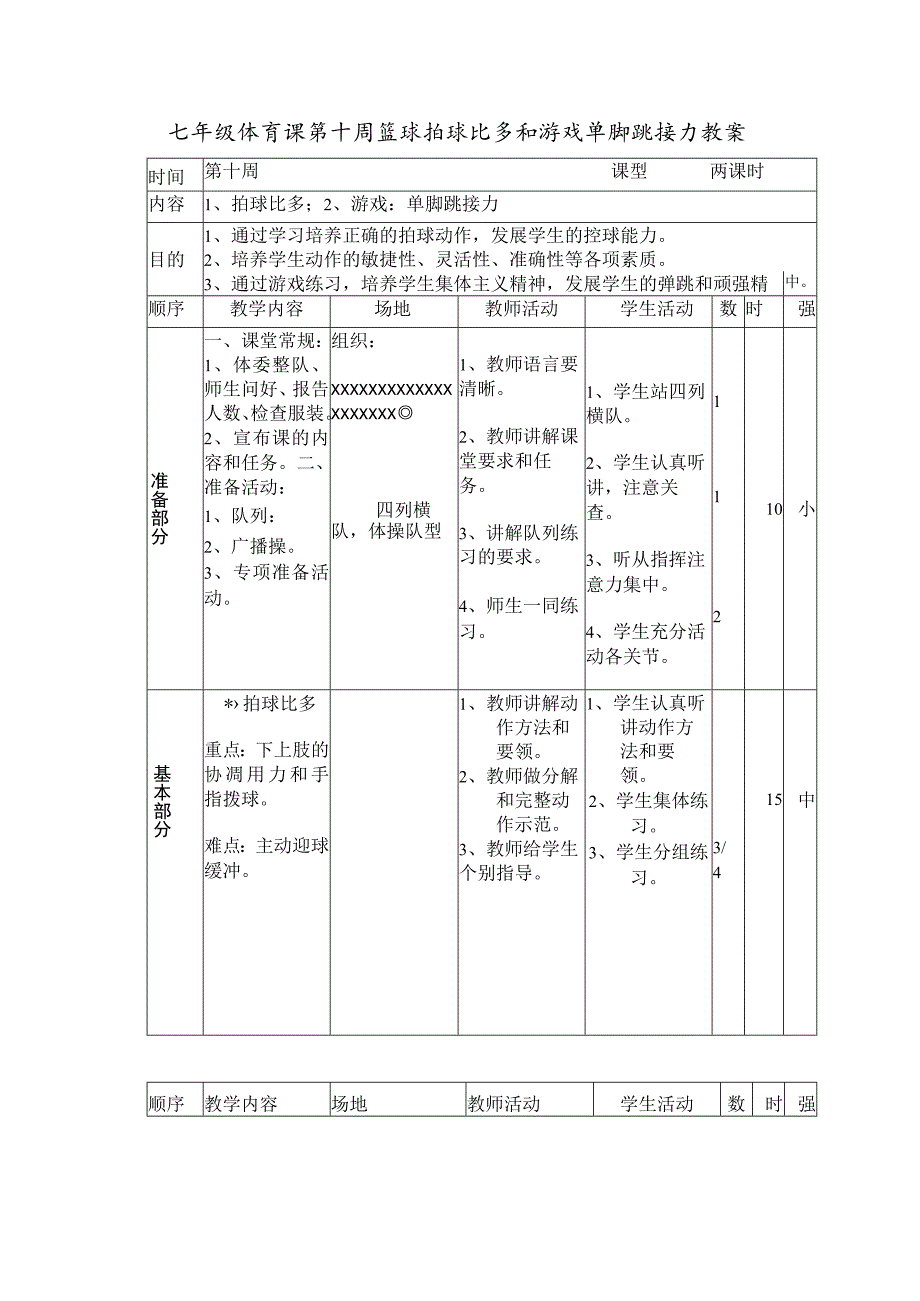 七年级体育课第十周篮球拍球比多和游戏单脚跳接力教案.docx_第1页