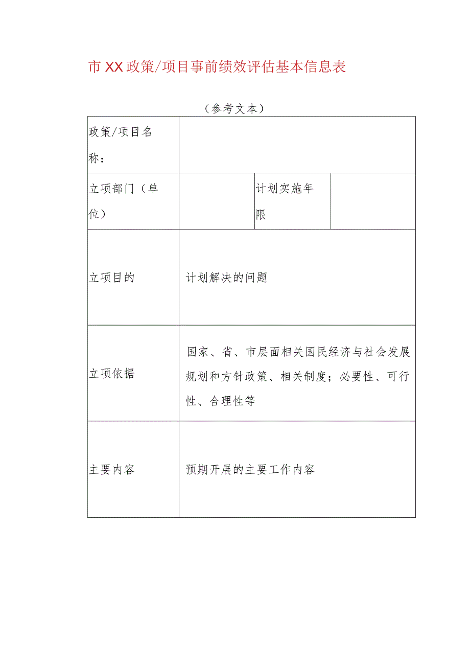 市XX政策项目事前绩效评估基本信息表.docx_第1页