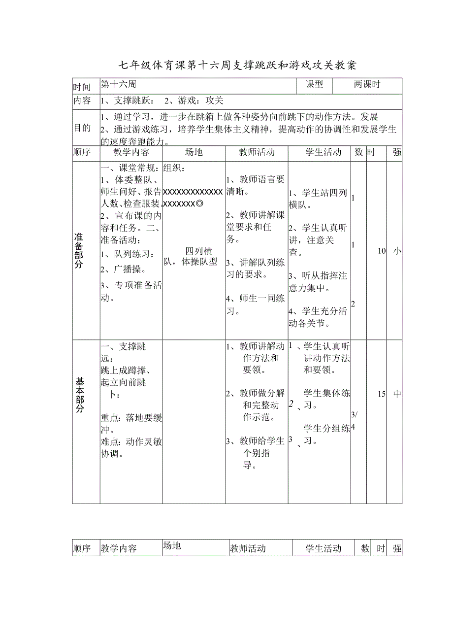 七年级体育课第十六周支撑跳跃和游戏攻关教案.docx_第1页