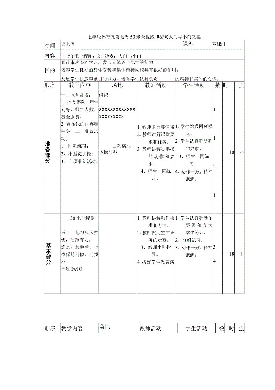 七年级体育课第七周50米全程跑和游戏大门与小门教案.docx_第1页