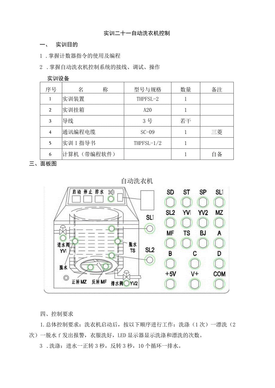 PLC基本技能实操——实训二十一 自动洗衣机控制.docx_第1页