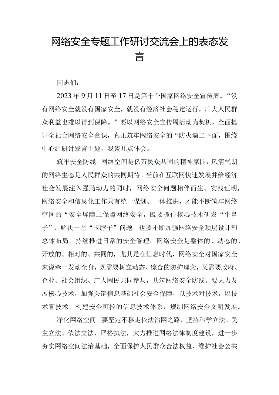 网络安全专题工作研讨交流会上的表态发言.docx_第1页