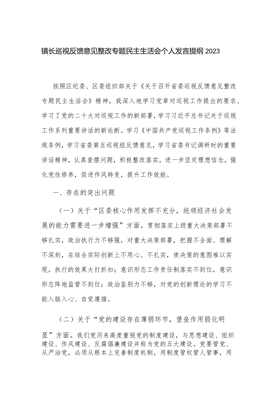 镇长巡视反馈意见整改专题民主生活会个人发言提纲2023.docx_第1页