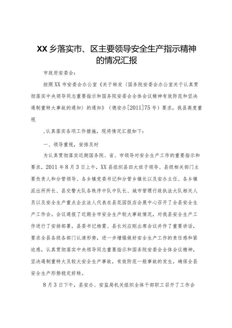 20XX年乡落实市区主要领导安全生产指示精神的情况汇报 .docx_第1页