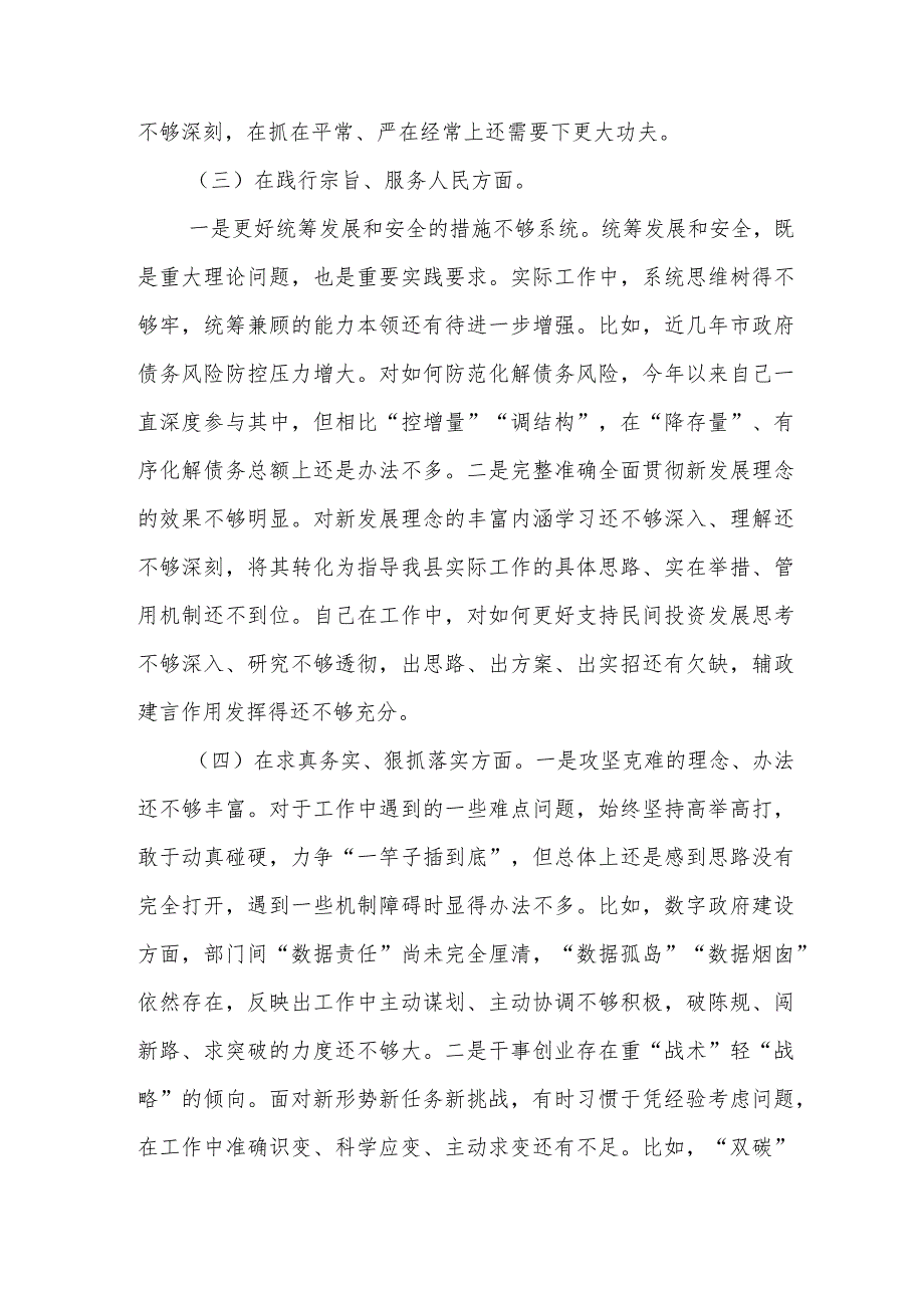 市政府办公室副主任2024年专题民主生活会个人对照检查材料(维护党中央权威和集中统一领导、践行宗旨服务人民、求真务实狠抓落实、以身作.docx_第3页