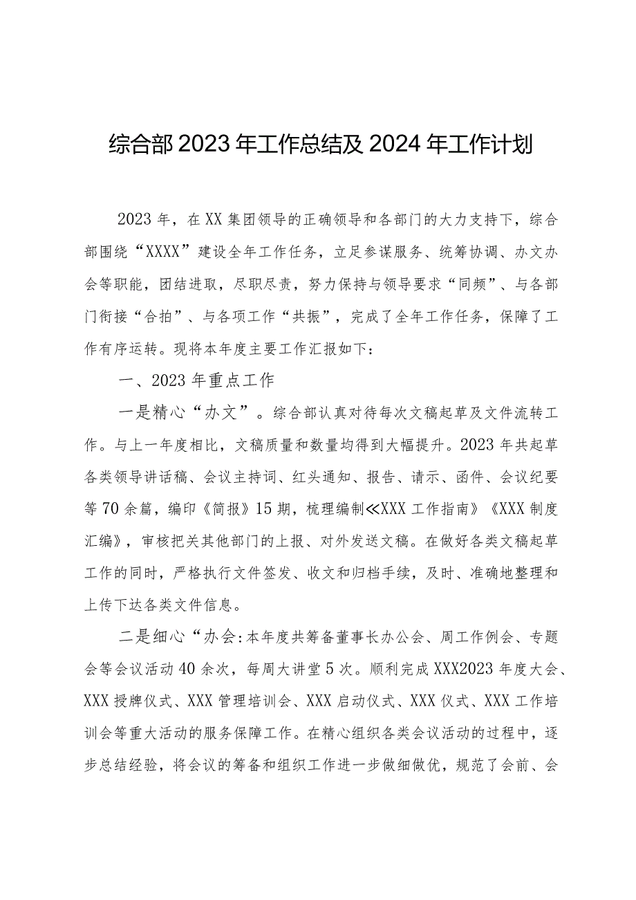 综合部2023年工作总结及2024年工作计划(终).docx_第1页