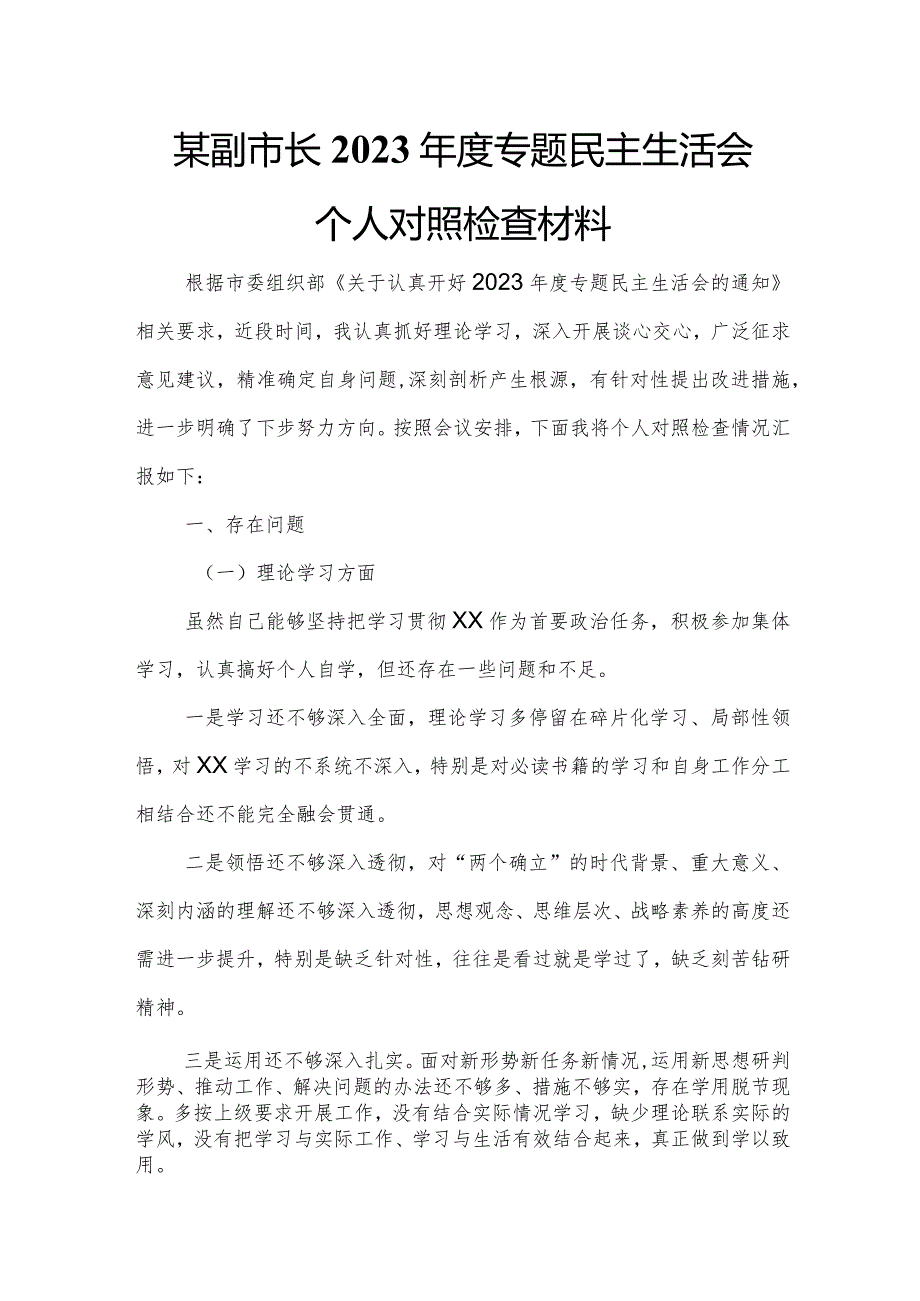 某副市长2023年度专题民主生活会个人对照检查材料.docx_第1页