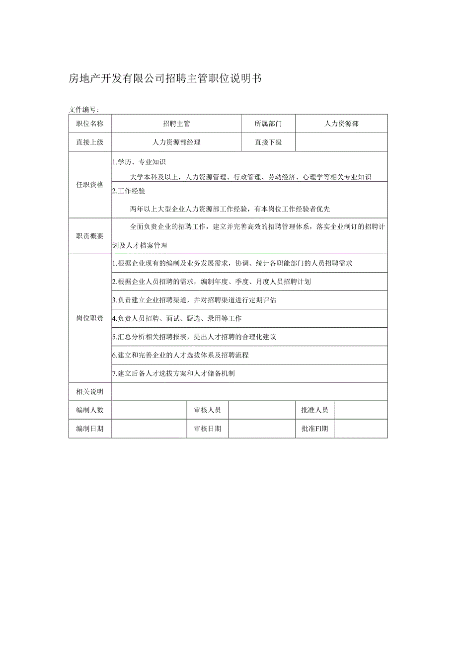 房地产开发有限公司招聘主管职位说明书.docx_第1页