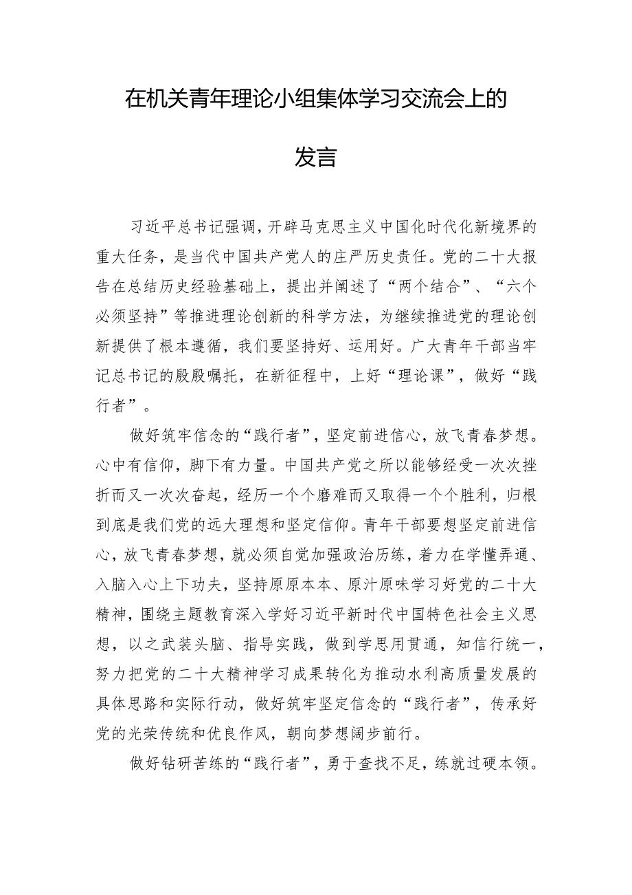 在机关青年理论小组集体学习交流会上的发言.docx_第1页