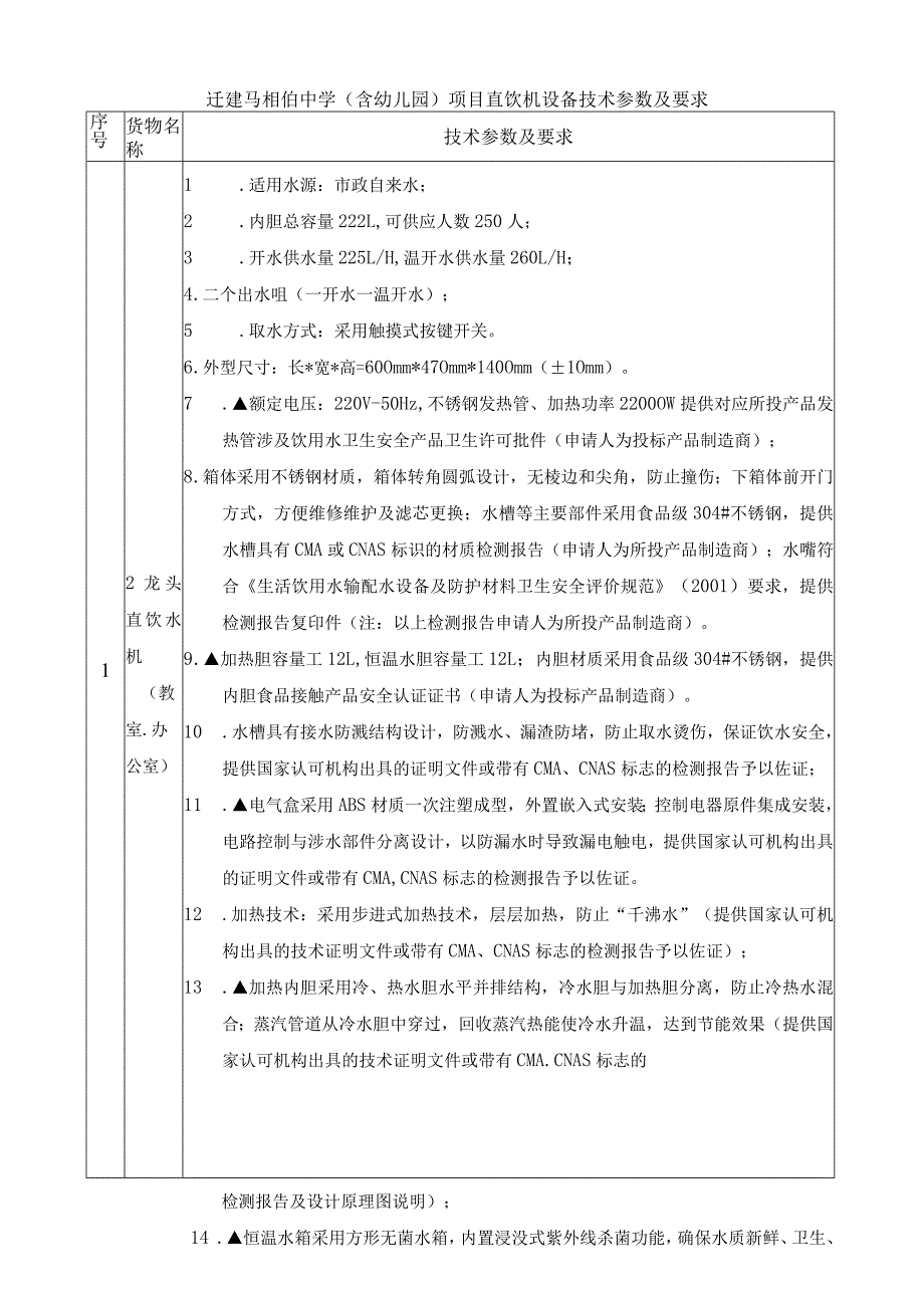 迁建马相伯中学含幼儿园项目直饮机设备技术参数及要求.docx_第1页