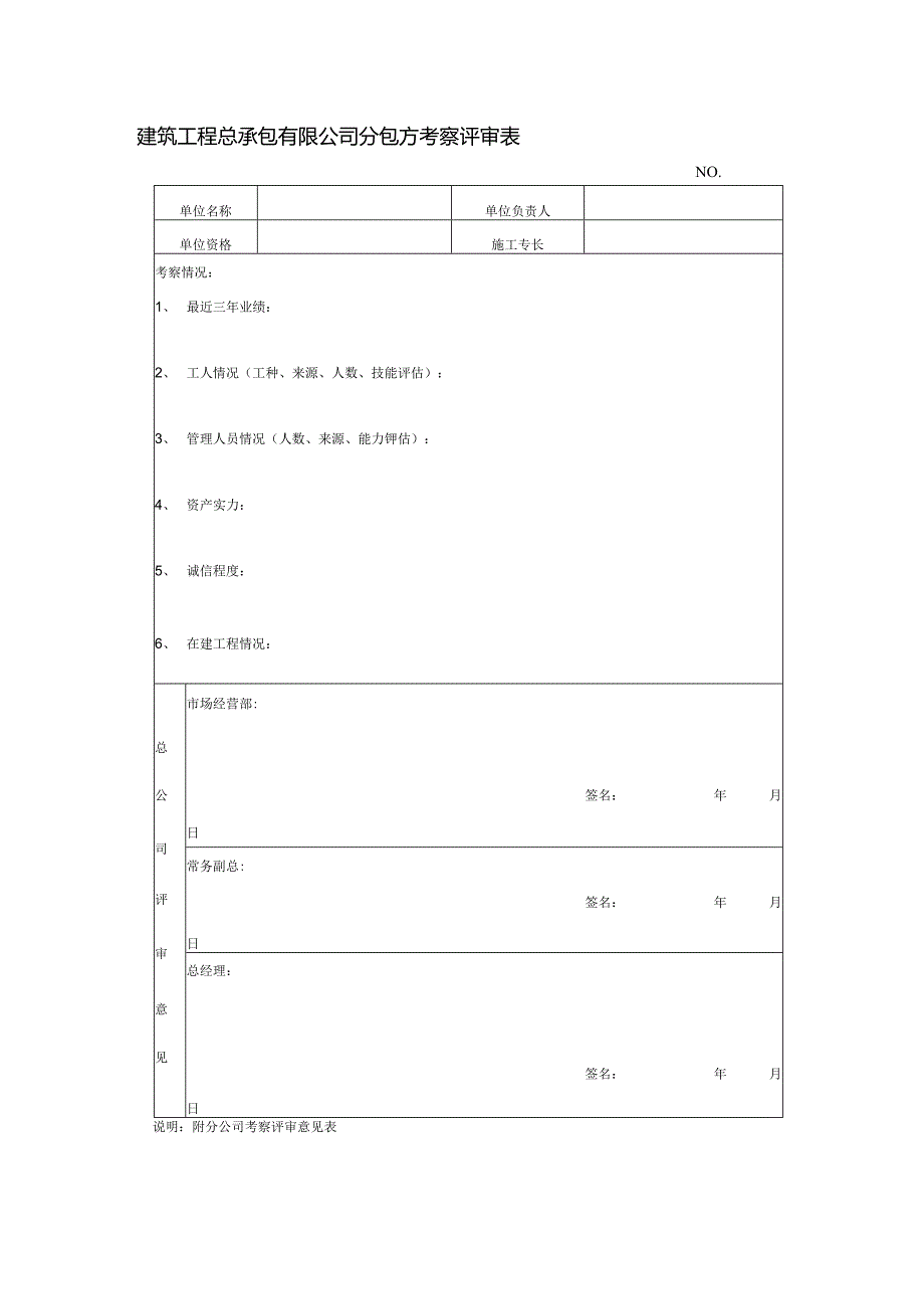 建筑工程总承包有限公司分包方考察评审表.docx_第1页