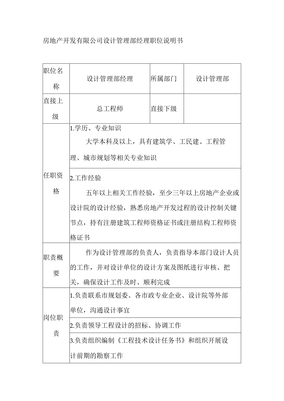 房地产开发有限公司设计管理部经理职位说明书.docx_第1页