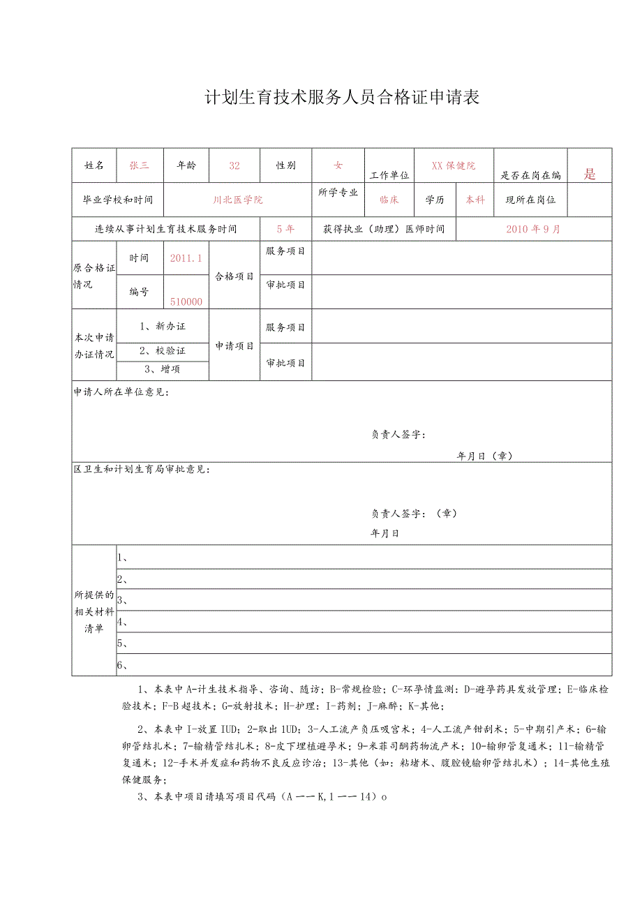 计划生育技术服务人员合格证申请表.docx_第1页