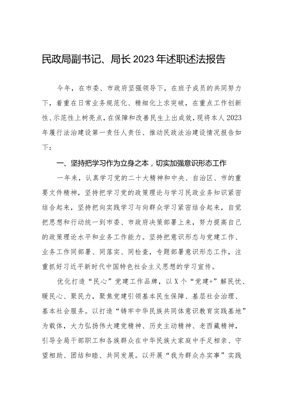 民政局副书记、局长2023年述职述法报告.docx_第1页