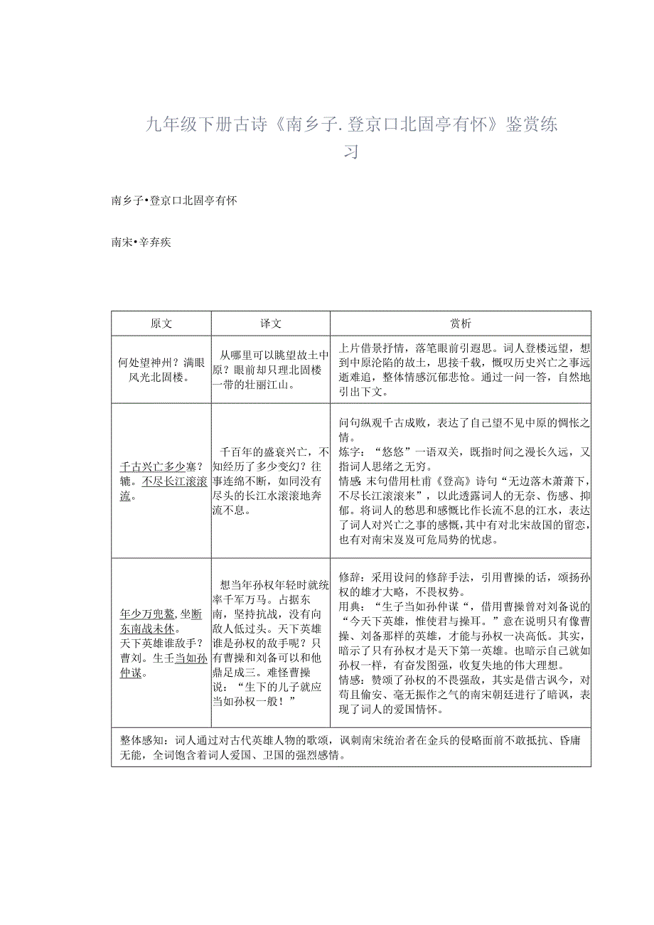 九年级下册古诗《南乡子·登京口北固亭有怀》鉴赏练习.docx_第1页