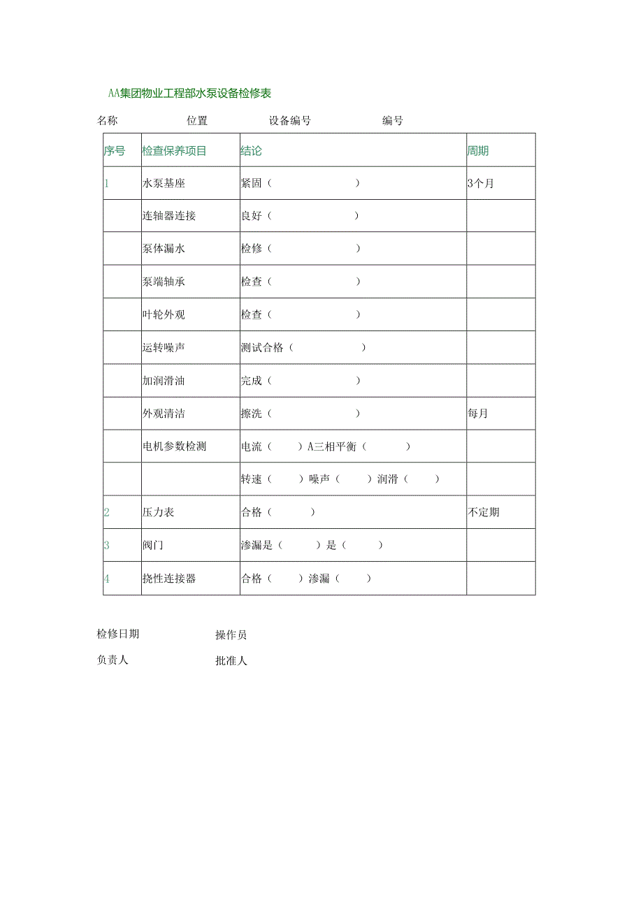 AA集团物业工程部水泵设备检修表.docx_第1页