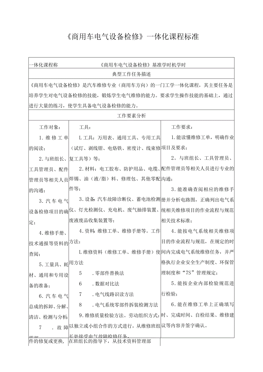 《商用车电气设备检修》一体化课程标准.docx_第1页