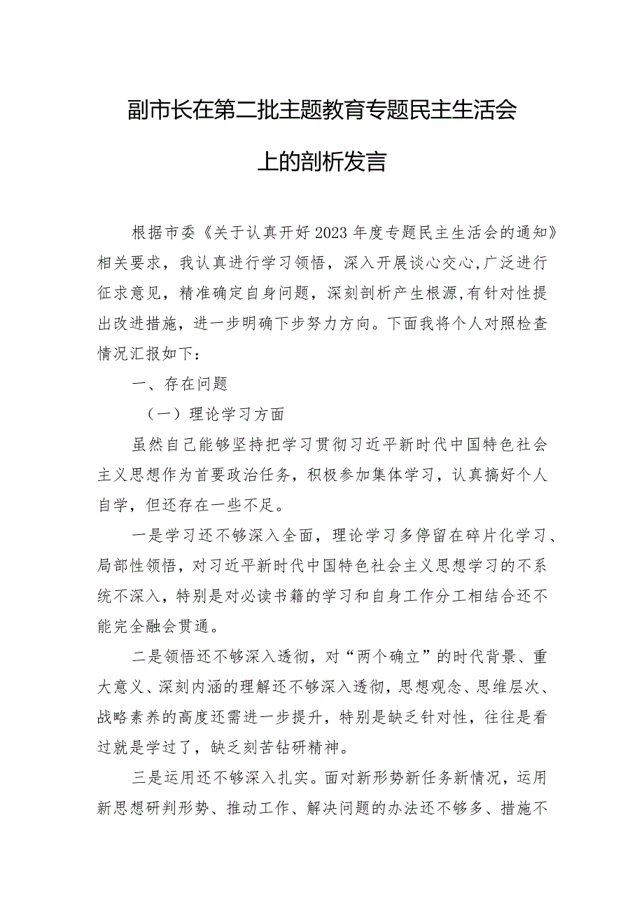 副市长在第二批主题教育专题民主生活会上的剖析发言.docx_第1页