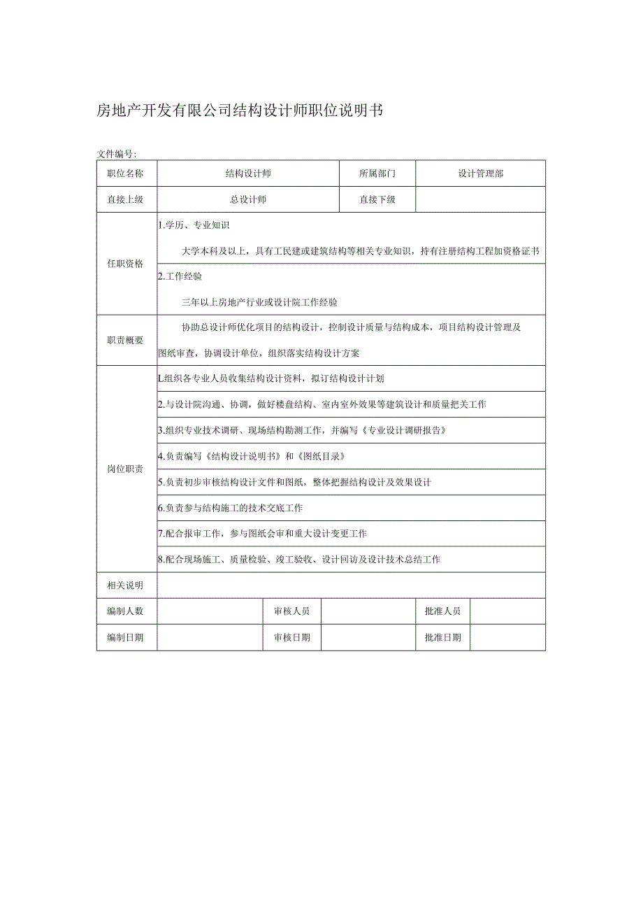 房地产开发有限公司结构设计师职位说明书.docx_第1页