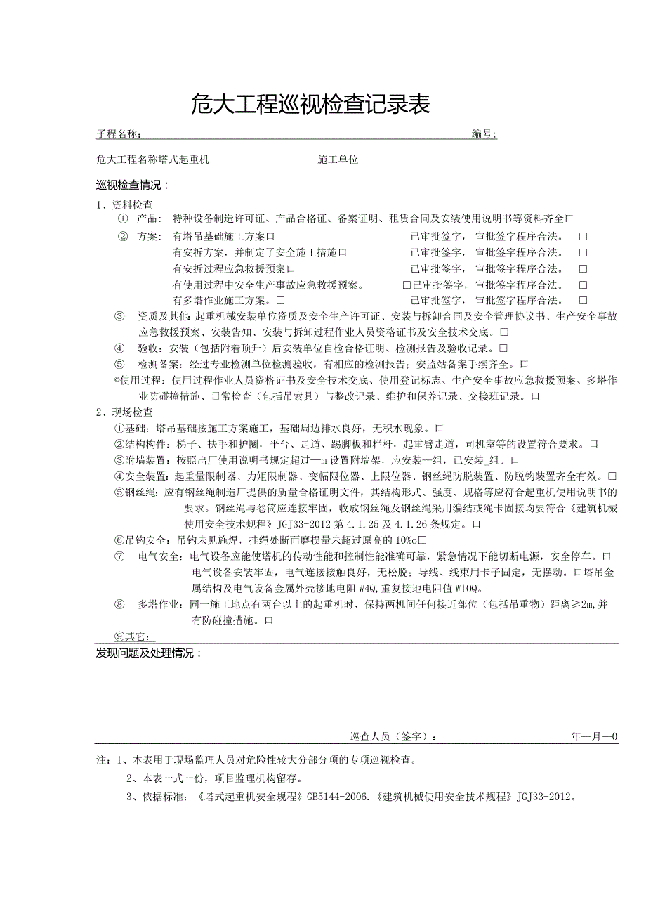 塔式起重机（危大巡视检查记录表）.docx_第1页