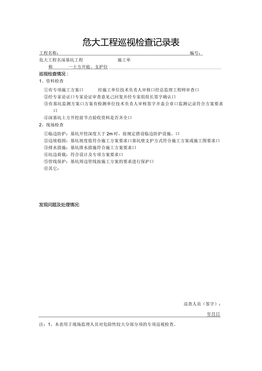 深基坑工程-土方开挖、支护、降水（危大巡视检查记录表）.docx_第1页