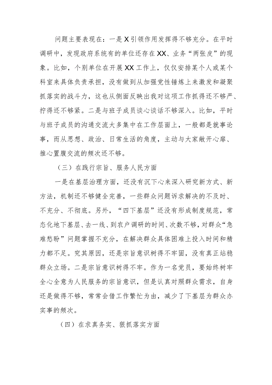 县长2024年度（维护党中央权威和集中统一领导、履行全面从严治党责任、服务人民方面、狠抓落实方面、以身作则、廉洁自律方面）专题民主生活会.docx_第2页