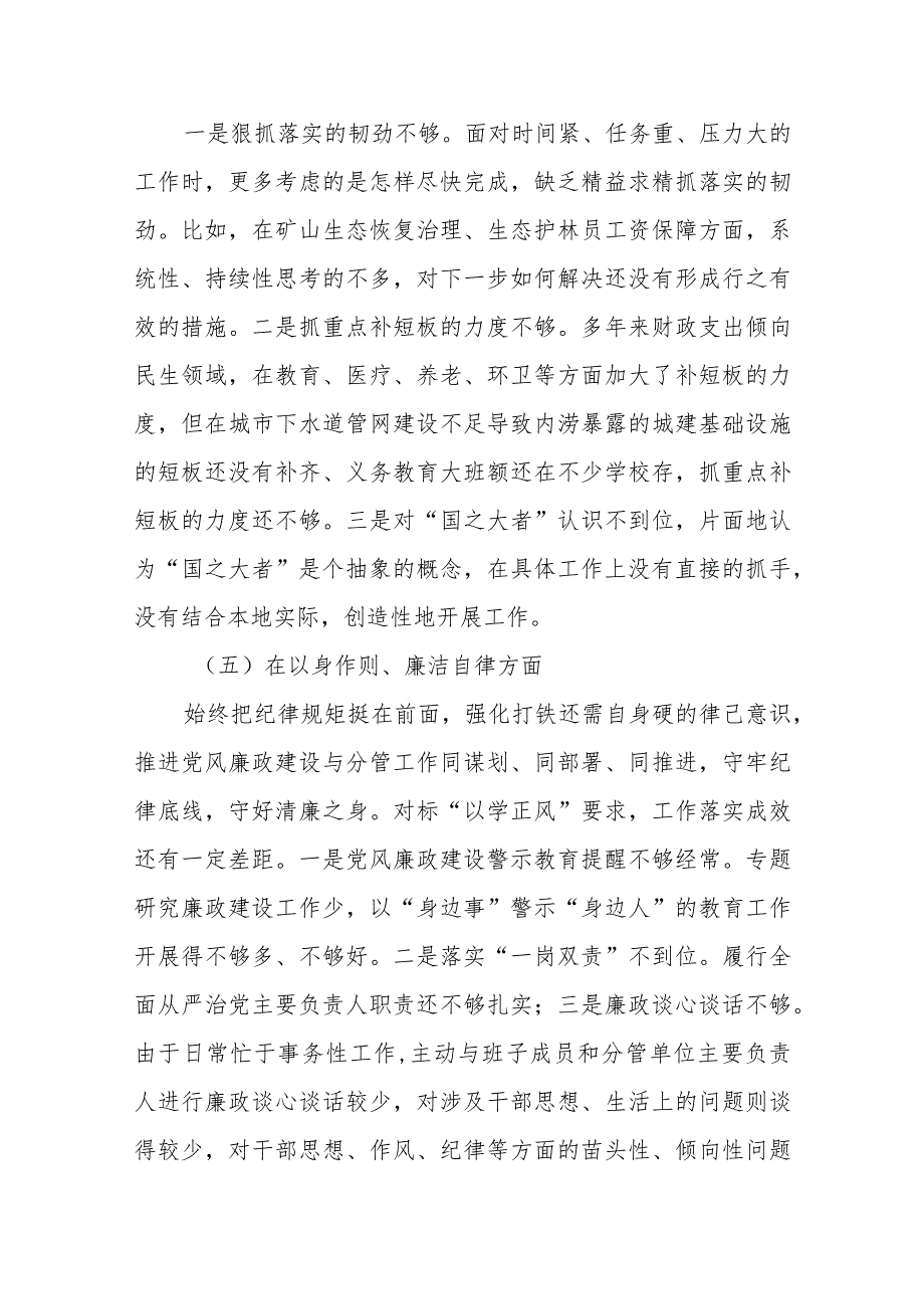 县长2024年度（维护党中央权威和集中统一领导、履行全面从严治党责任、服务人民方面、狠抓落实方面、以身作则、廉洁自律方面）专题民主生活会.docx_第3页