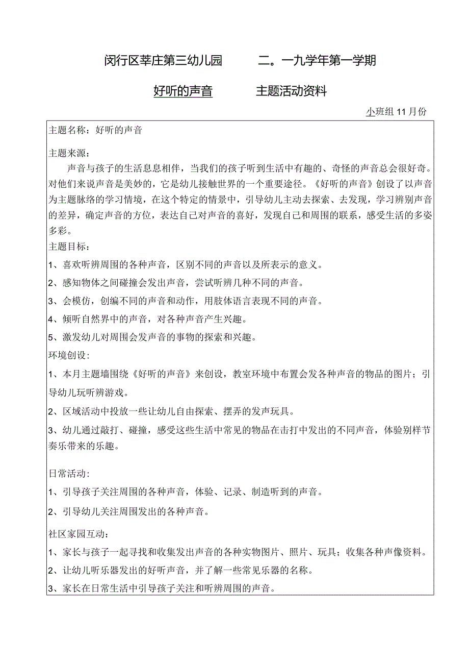 闵行区莘庄第三幼儿园二〇一九学年第一学期好听的声音主题活动资料.docx_第1页