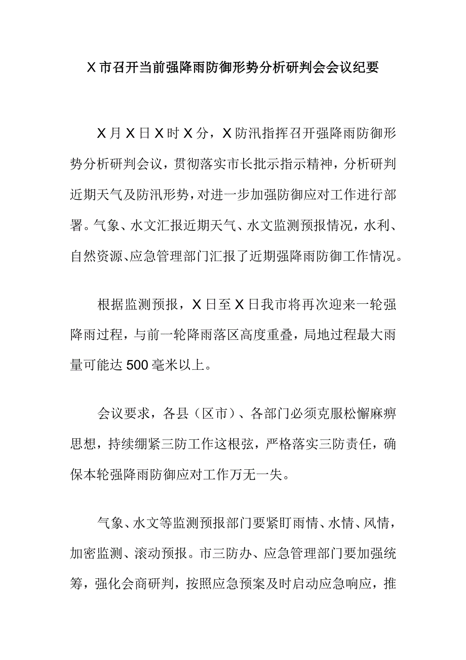 X市召开当前强降雨防御形势分析研判会会议纪要.docx_第1页