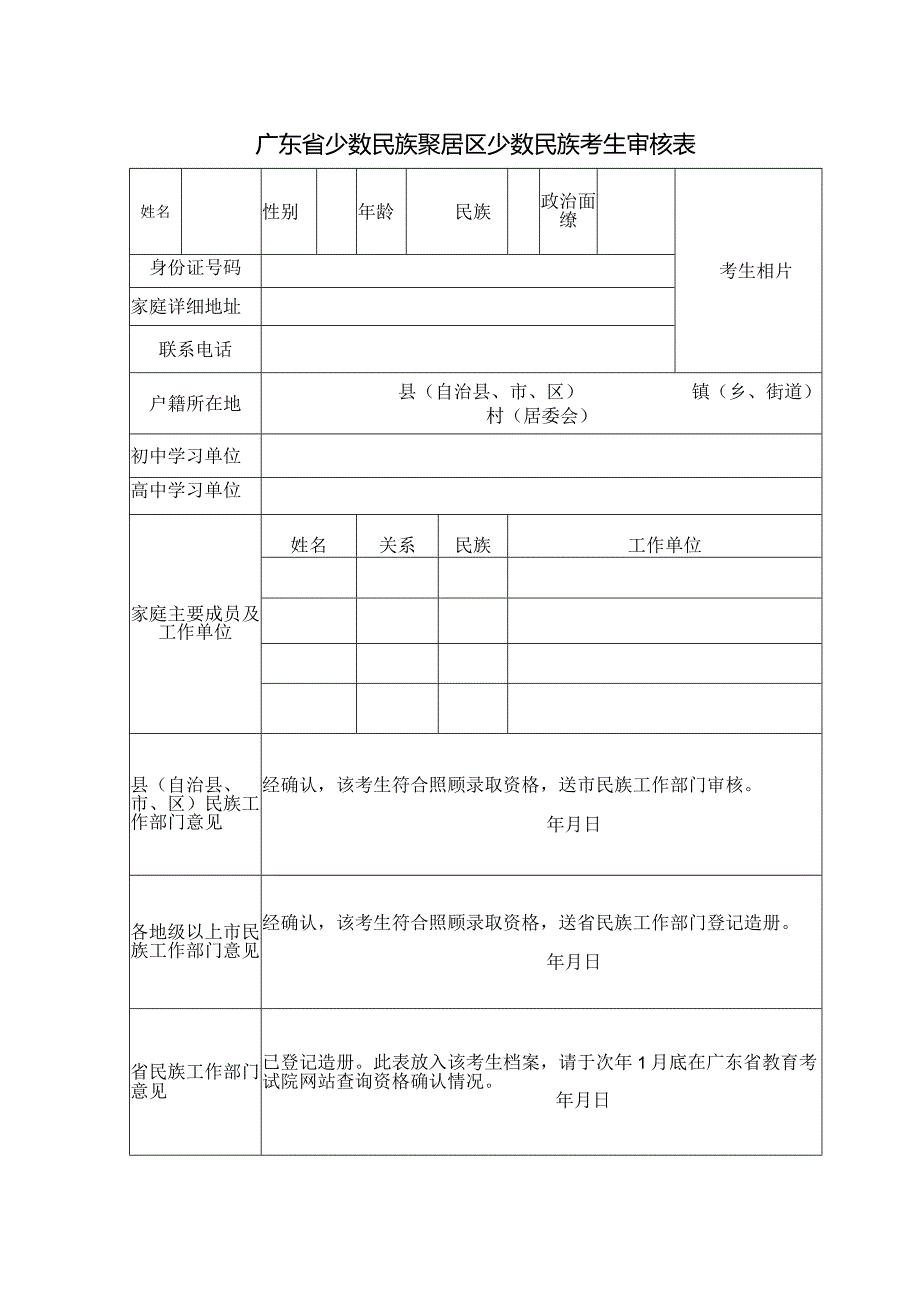 广东省少数民族聚居区少数民族考生审核表.docx_第1页