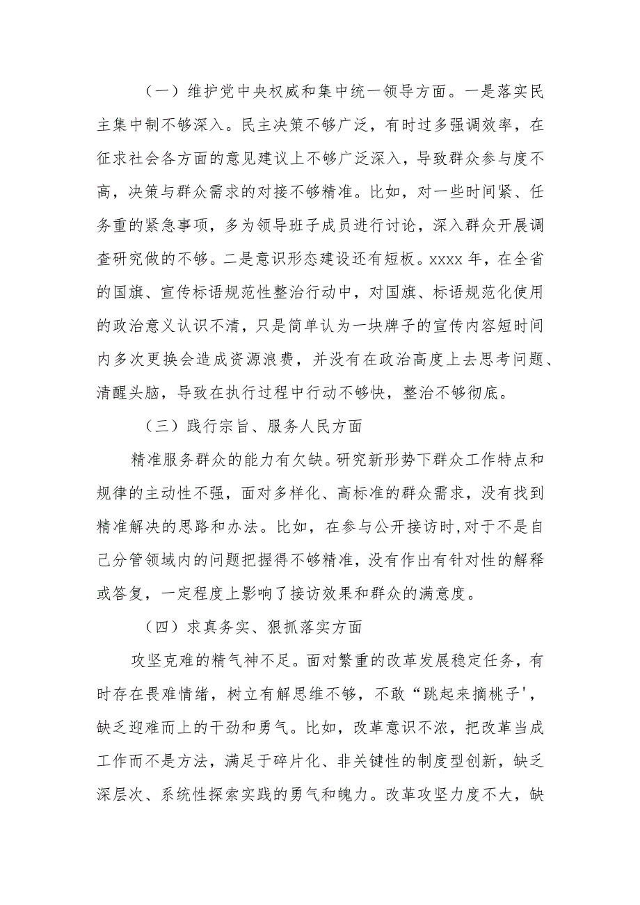 镇领导班子2024年度(服务人民方面、求真务实、狠抓落实方面、以身作则、廉洁自律方面、履行全面从严治党责任)专题民主生活会对照检查发言材料.docx_第2页